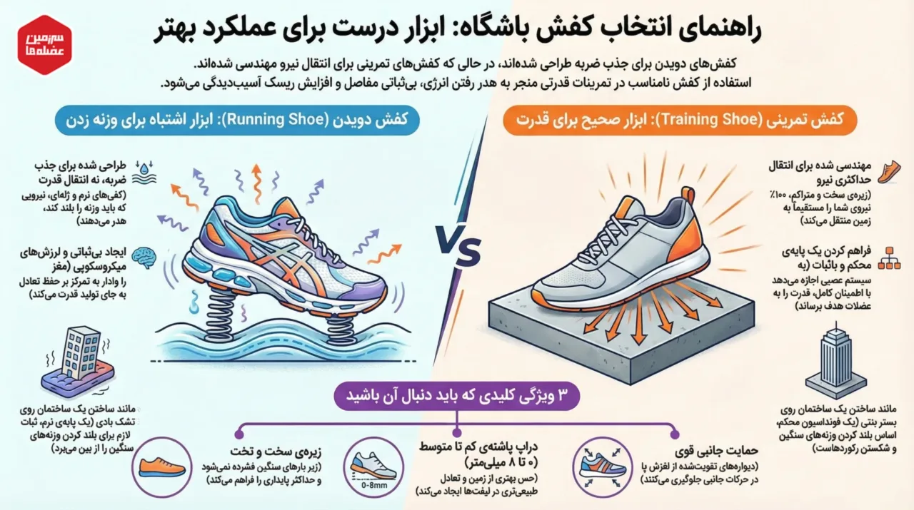 اینفوگرافیک راهنمای انتخاب کفش باشگاه؛ مقایسه فنی کفش رانینگ (جذب ضربه) با کفش تمرینی (انتقال نیرو) و بررسی ۳ ویژگی کلیدی برای بدنسازی